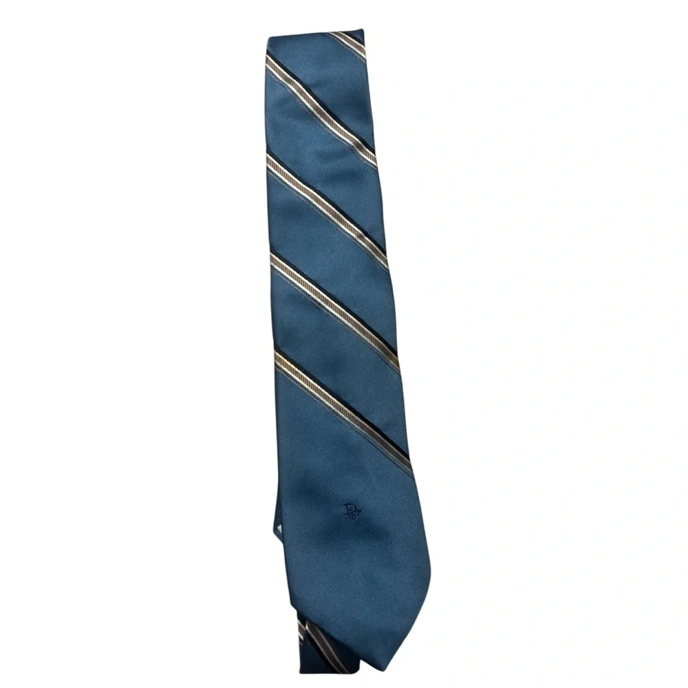 VTG Christian Dior Silk Tie | Blue & Gold Diagonal Stripe | Embroidered CD Logo